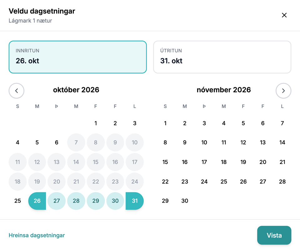Dagatal á Orlofseignir.is sem sýnir bókaða daga og valið tímabil