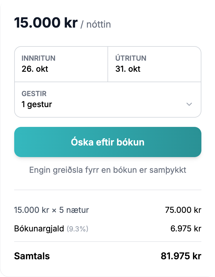 Bókunarbox á Orlofseignir.is með verði, dagsetningum og samtölu